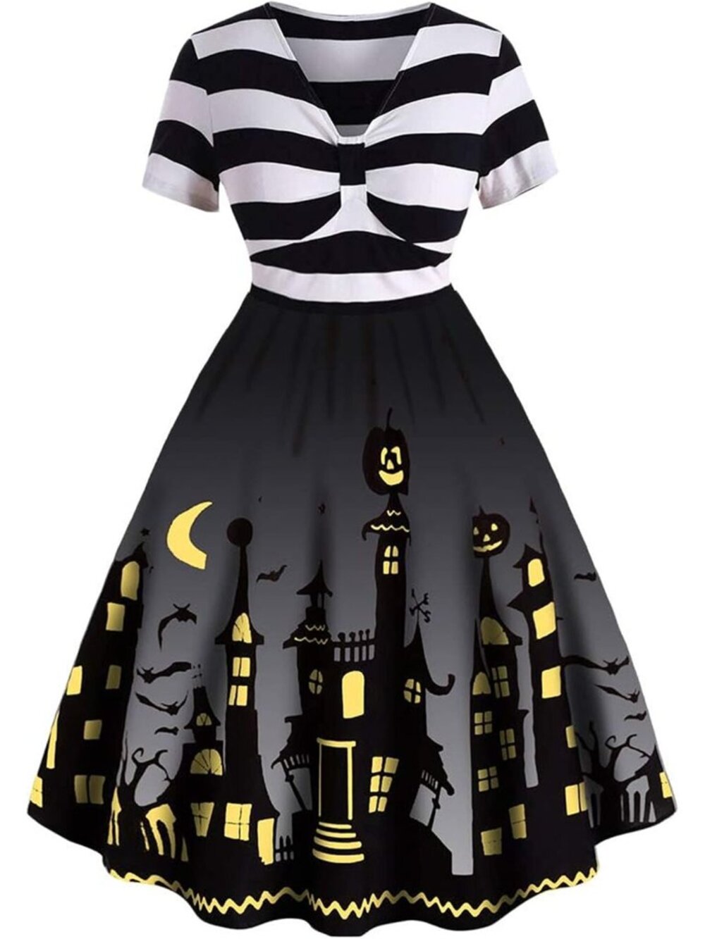 🎃Women's Gray Funny Striped A-line V Neck Short Sleeve Halloween Dresses